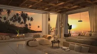 Soothing Jazz Music in Cozy Modern Beachfront Villa at Sunset with Gentle Waves for Relax, Study ⛱🌅