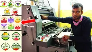 Product stickers printing by heidelberg offset printing machine. Offset printing machine working.