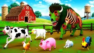 Zombie Bison Attacks Farm Animals - Zombie Farm Diorama | Cow Pig Rabbit Sheep Hen Rooster Animals