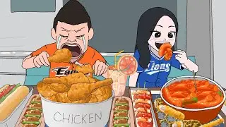 Mukbang at the baseballpark (Fried chicken, Tteokbokki, Hot Dog)