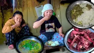 Buff bones soup recipe and rice cooking & eating in the village || nepali mountain village life food