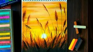 Beautiful Sunset Drawing Over The Wheat Field - Soft Pastel Drawing - Drawing for beginners.