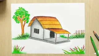 Scenery Drawing of Village House and Tree 🏡 House with Garden