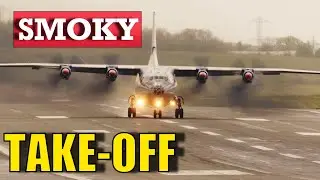 Antonov AN 12 smoky Takeoff , Strong Gusty Winds 4K video