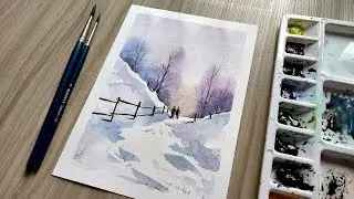 How to Paint A Snowy Winter Landscape | easy watercolor painting for beginners