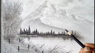 Landscape drawing with pencil. Scenery drawing by pencil. Mountain drawing.