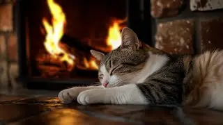 Cat & fireplace 🔥 Purring cat with crackling fireplace for relaxation and deep sleep