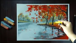 Soft Pastel Drawing - Landscape Painting of Spring season with CherryBlossoms trees, Autumn Painting