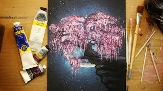 Acrylic Painting - Weeping Cherry Blossom in the Moonlight - Speed Painting