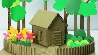 Cardboard House making with Paper trees and paper flower- Easy craft