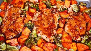 One Pan Honey Garlic Baked Chicken With Sweet Potatoes and Broccoli Recipe