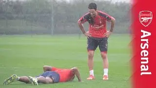 Theo Walcott and Mikel Arteta take on dizzy goals challenge