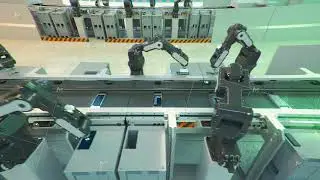 robot conveyor for the production of mobile phones at a high-tech factory. 3d rendering