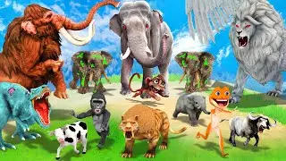 Giant Elephant Cow Gorilla vs Giant Lion Tiger vs Dinosaur Attack Cow Cartoon Buffalo Save  Mammoth