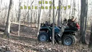 Paraplegic fun with chainsaw in forest