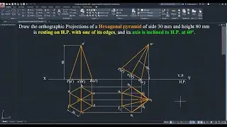 Hexagonal Pyramid resting on H.P. with its edge and the axis inclined to H.P. at 60 degrees- AutoCAD