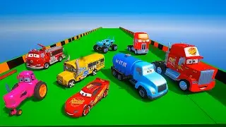 Challenge Disney Pixar Cars fall into the Water: McQueen Truck Mack The King Miss Fritter Chewall