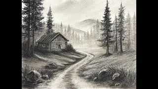 How to Draw a Landscape with Pencils | Trees, Forest Cabin & Mountain Scene | Charcoal Art