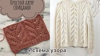 Красивый и простой ажурный узор спицами для вязания кофточки, джемпера, кардигана! +схема узора!
