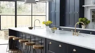 Vintage Navy Kitchen Design With Brass Hardware