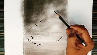 Flying birds sunset landscape drawing by pencil. 