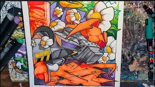 Drawing a full piece in the graffiti blackbook - inking in real time - colouring timelapse