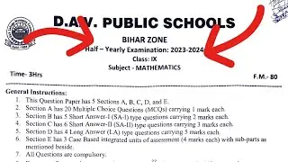 📑Maths Question Paper 2023-2024 Half-Yearly | Dav Class 9 Math Question Paper | Dav Public School ||