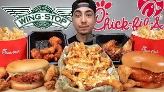 MUKBANG EATING Chick Fil A Deluxe Sandwich, SAUCY Voodoo Fries, Wingstop Mango Habanero Sandwich