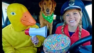 Police and Rubber Ducky Surprise Puppy with Car Ride Chase!