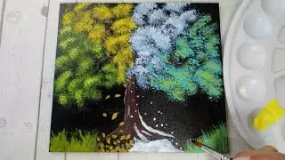 4 Seasons Tree Drawing | Easy Acrylic Painting for Beginners | How to Paint a Tree on Black Canvas