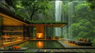 Warm Jazz Melodies & Waterfall Sounds In Cozy Living Room - Sweet Jazz In Tranquil Forest Ambience