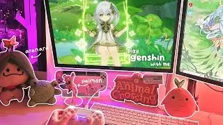 🌸 playing genshin impact on my aesthetic pc set up | 1 hour of asmr gameplay ambience