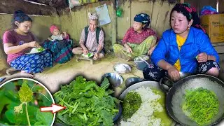 Green Pumpkin Vine fry recipe and lentils with rice || Village style vegetable cooking & eating