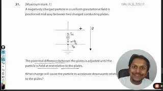 A negatively charged particle in a uniform gravitational field ispositioned mid-way between two char