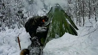 3 Days SOLO SURVIVAL CAMPING In DEEP SNOW - Winter Storm Bushcraft Hot Tent Camp - Stove Cooking