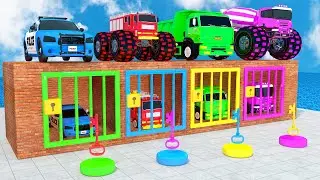 Police car, Excavator, Fire truck, JCB Guess The Right Key ESCAPE ROOM CHALLENGE Car Cage Game