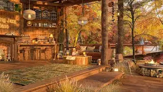 4K Cozy Cabin Porch at Coffee Shop Ambience ☕ Relaxing Background Jazz Music to Relax, Study, Work