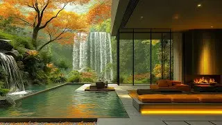 Soothing Jazz Rhythms & Waterfall Sounds At Peaceful Garden Space - Soft Jazz In Cozy Living Room