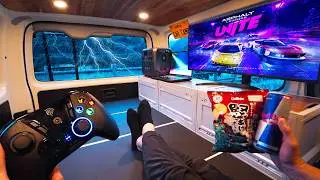 Gaming in HEAVY RAIN in Stealth Car with an Ultra-Large Screen.