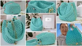 Crocheted Torba bag with Honeycomb pattern and solid bottom + lining and strap
