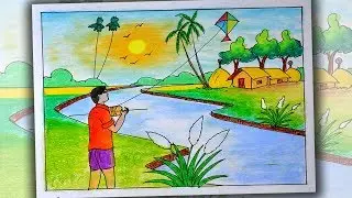 How to Draw Scenery of Kite Flying, Easy Village  Scenery Drawing