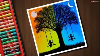 Day and Night scenery drawing for beginners with Oil Pastels - step by step