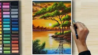 Tricks To Draw Realistic 😱 Sunset landscape (step by step) Tutorial - Soft Pastel Drawing