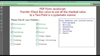 PDF Form Java Script to transfer values of Check Box to a Text Field in a proper listed format