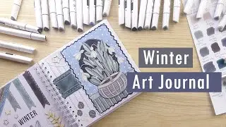 Winter Art Journal Page Spread with Arteza Everblend Grey Markers