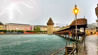 Heavy Rain & Thunderstorm Walk in Lucerne 🇨🇭 Switzerland 4K