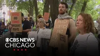 Pro-Palestinian protesters gather outside Donald Trump event in Chicago