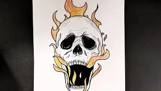 How to draw a skull with fire || Flaming Skull tattoo drawing