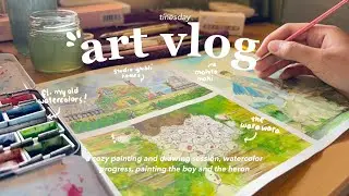 art vlog 🌤️ cozy watercolor painting session, the boy and the heron