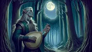 Rick Grimes male elven bard with long hair a lyre playing a serene song